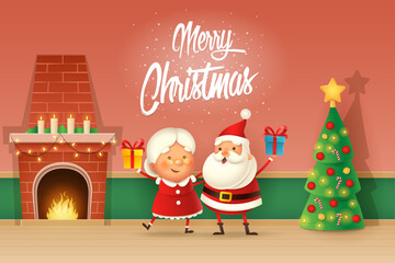Christmas card - Santa Claus and Mrs Claus celebrate Christmas - home interior with fireplace and tree
