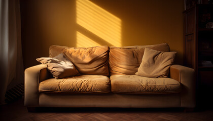 Sofa within a living room, incorporating the style of contrasting shadows. The color palette embraces dark yellow and light brown tones, creating a dramatic yet cozy atmosphere. Generative AI