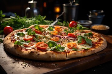 A delicious and tasty Italian pizza Margherita with tomatoes and buffalo mozzarella.