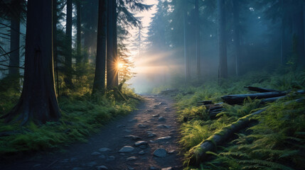 Obraz premium A winding path through a dense, fog-covered forest during sunrise