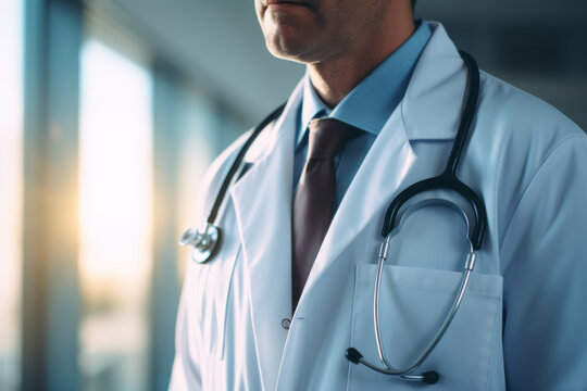 Portrait of mature male doctor in white medical coat with stethoscope around his neck. Middle-aged caucasian clinician against the background of medical facility. Experienced therapist in a hospital.