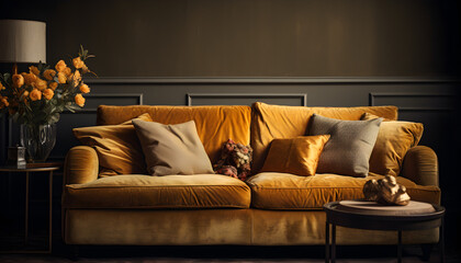 Sofa within a living room, incorporating the style of contrasting shadows. The color palette embraces dark yellow and light brown tones, creating a dramatic yet cozy atmosphere. Generative AI