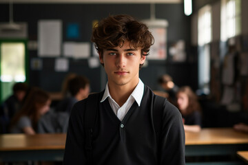 Fototapeta premium Photography of confident intelligent student with brown hair in classroom educational environment background generated by AI
