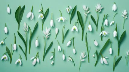 Creative layout made with snowdrop flowers on bright, Twig of white beautiful flowers. Generative Ai