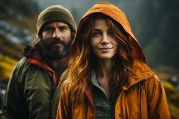 Portrait of happy couple in touristic outwear near the tent camp against the backdrop of picturesque mountain landscape. Caucasian family is engaged in a mountain hiking. Tourism and active lifestyle.