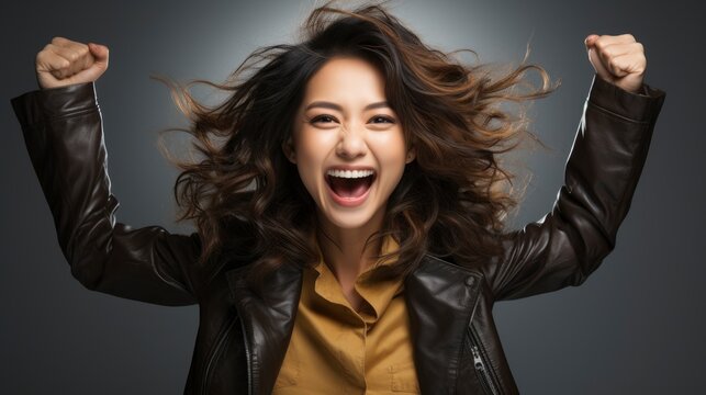 Close Up Cheerful Japanese Woman Celebrates Raises, Background Image , Beautiful Women, Hd