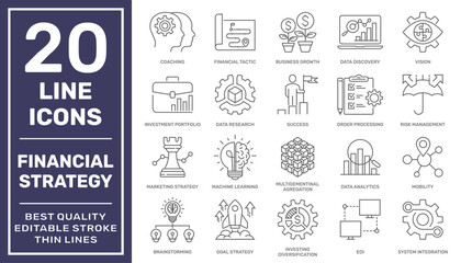 Simple set of financial strategy related vector line icons. Editable Stroke. Pixel Perfect. EPS 10