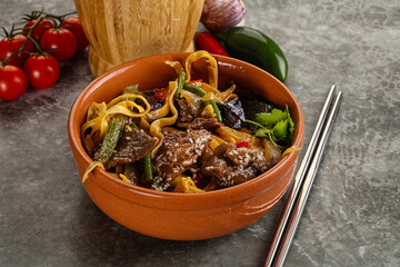 Asian wok with noodle, vegetables and beef