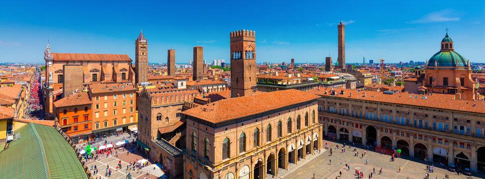 Panoramic view of the historical center with the towers of Bologna and the main square Piazza Maggiore, Bologna, Italy
