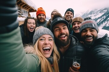 Gruppe im Skiurlaub beim Feiern auf der Skihütte nach dem Skifahren. Selfie beim Skiurlaub im Winter.  Fröhliche Menschen feiern mit Bier im Winterurlaub. - obrazy, fototapety, plakaty