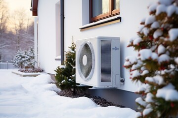 Wärmepumpe am Haus im Winter. Elektrische Heizung von außen im Schnee. Heizen mit Erdwärme oder Luft zu Luft Pumpen. Elektrische Heizung in Deutschland.