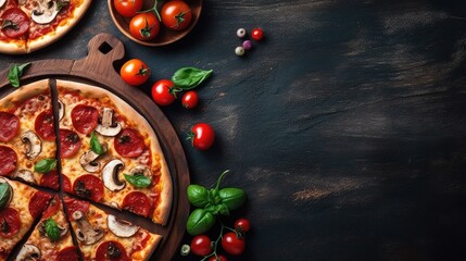 Tasty  pizza and cooking ingredients tomatoes basil on black concrete background. Top view of hot pepperoni pizza. With copy space for text. Flat lay
