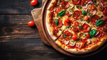 Tasty  pizza and cooking ingredients tomatoes basil on black concrete background. Top view of hot...