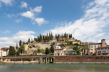 Fototapeta premium Romanesque Castle San Pietro along the Adige River, located in Verona, Italy