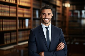 Fototapeta premium Portrait Of Confident Male Lawyer Against Bookshelf