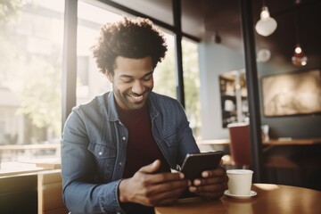 Portrait of cheerful African American businessman in casual clothes with smartphone and cup of coffee. Happy smiling mature man, successful entrepreneur or employee working in office or coworking cafe