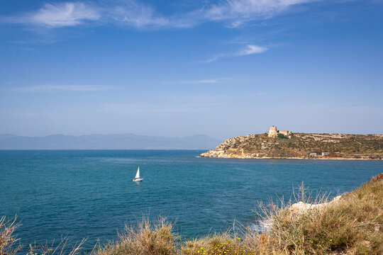 Elevated view out towards the Calamosca near Cagliari, located in Sardinia, Italy