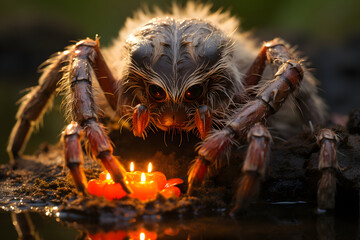 A big creepy, horror, halloween, evil and weird spider holding burning candle in a forest in rainy day 
