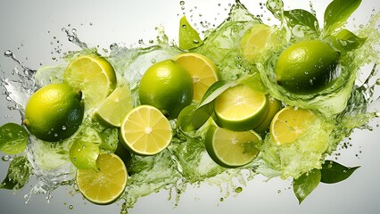 Fresh Lemons with water splash on isolated white background