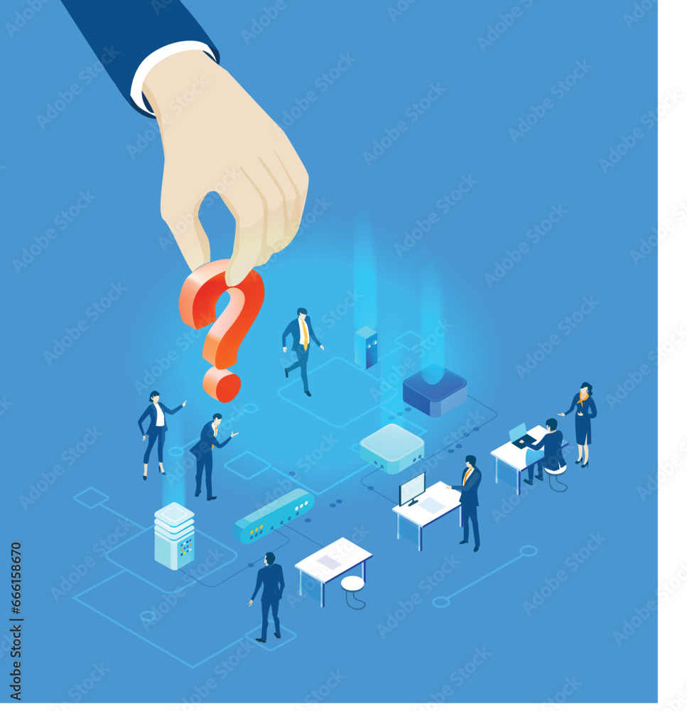 Wall mural business people searching for answer, businessman and question mark. isometric business environment.