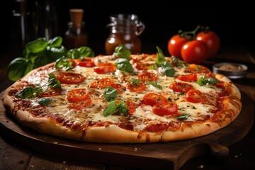Tasty vegetarian pizza with cherry tomatoes, mozzarella cheese and fresh oregano.