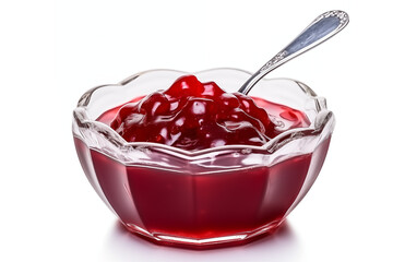 Bowl with jam and teaspoon isolated on white background.