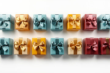 Colorful gift boxes with bows on a white background. Top view. Flat lay.