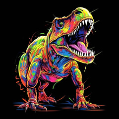 Abstract, neon, multi-colored portrait of a Tyrannosaurus Rex on a dark background. Generative AI