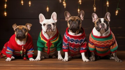 Cute French Bulldog wearing knitted Christmas sweater background. Funny dog puppy dressed up in warm costume in winter. Ugly Christmas Sweater Jumper Day concept. - obrazy, fototapety, plakaty