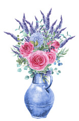 Watercolor bouquet of roses and lavender flowers in a ceramic vase. Hand drawn illustration isolated on white
