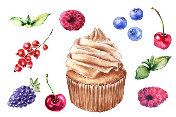 Set of watercolor cakes and berries. Hand drawn raspberries, cherry, blueberries, blackberries, red currants and mint leaves isolated on white