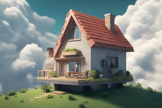 small home up in the cloud, floating in the sky. AI generated.