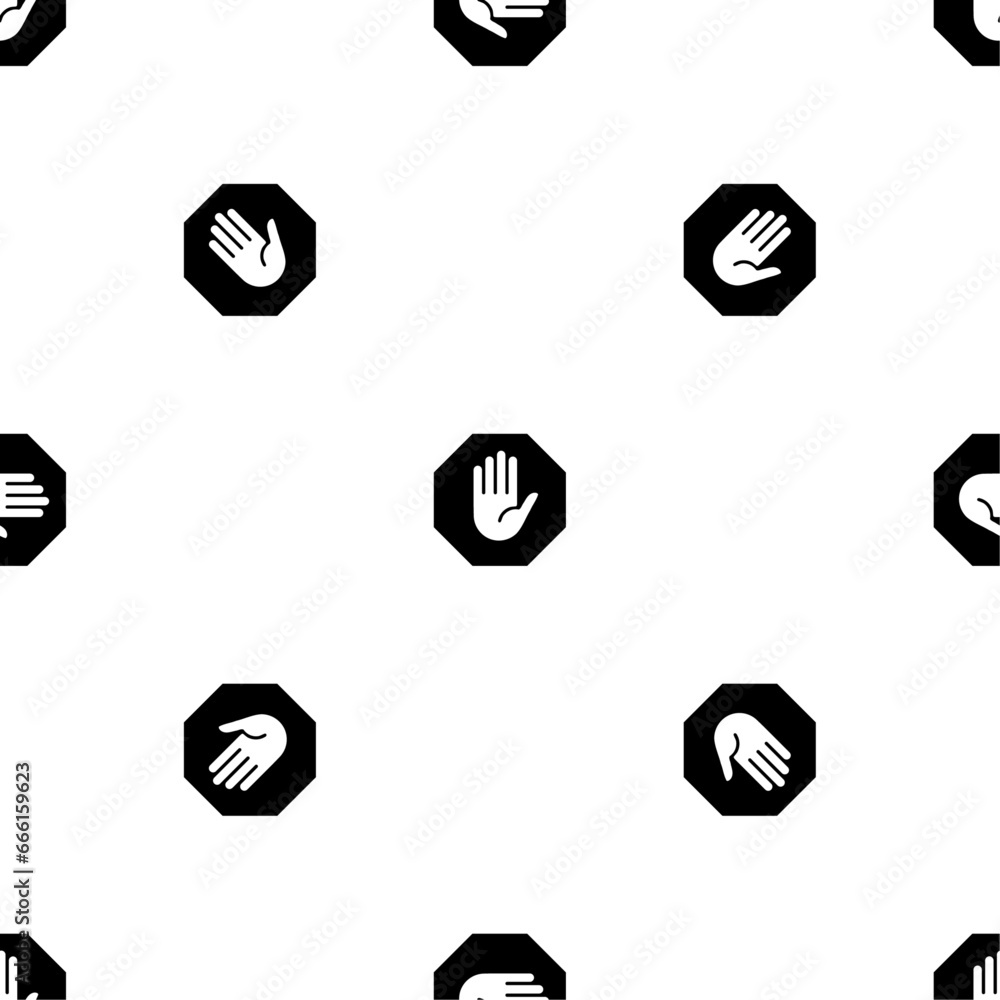 Poster seamless pattern of repeated black stop hand symbols. elements are evenly spaced and some are rotate