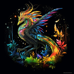 Dragon. Abstract, neon, multi-colored portrait of a dragon on a dark background. Generative AI
