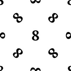 Seamless pattern of repeated black number eight symbols. Elements are evenly spaced and some are rotated. Vector illustration on white background