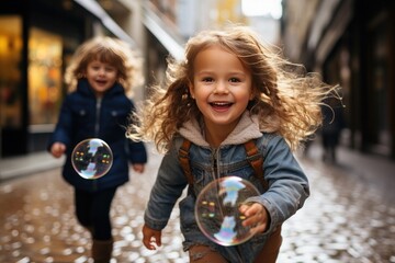 two little boys running after soap bubbles