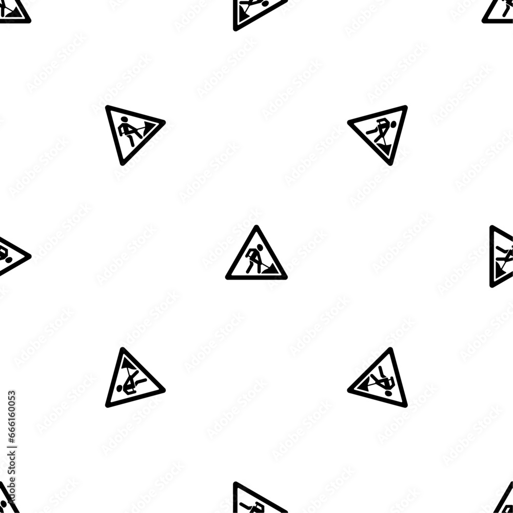 Poster seamless pattern of repeated black road work signs. elements are evenly spaced and some are rotated.
