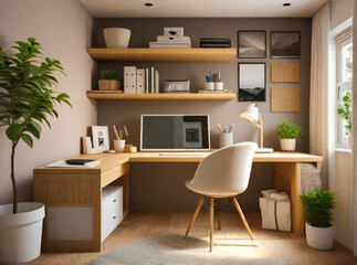 A interior design concept for a compact home office in a small spare room, ensuring efficient use of space and optimal organization for remote work.