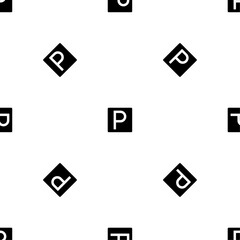 Seamless pattern of repeated black road parking signs. Elements are evenly spaced and some are rotated. Vector illustration on white background