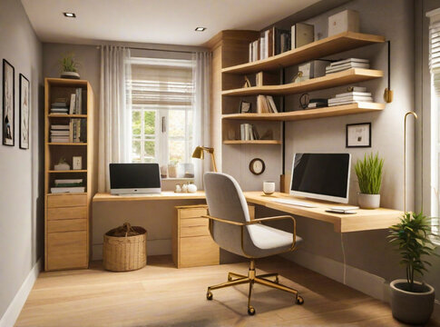 A interior design concept for a compact home office in a small spare room, ensuring efficient use of space and optimal organization for remote work.