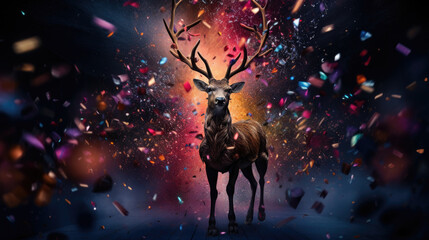 deer with colorful confetti, celebration - obrazy, fototapety, plakaty