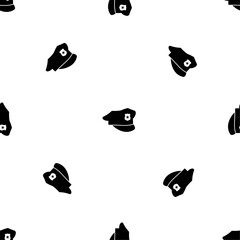 Seamless pattern of repeated black police cap symbols. Elements are evenly spaced and some are rotated. Vector illustration on white background