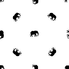 Seamless pattern of repeated black elephant symbols. Elements are evenly spaced and some are rotated. Illustration on transparent background