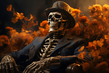 A halloween, scary, horror human skeleton with black coat and hat sitting and resting with yellowish flowers  - obrazy, fototapety, plakaty