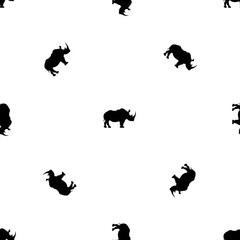 Seamless pattern of repeated black rhino symbols. Elements are evenly spaced and some are rotated. Illustration on transparent background