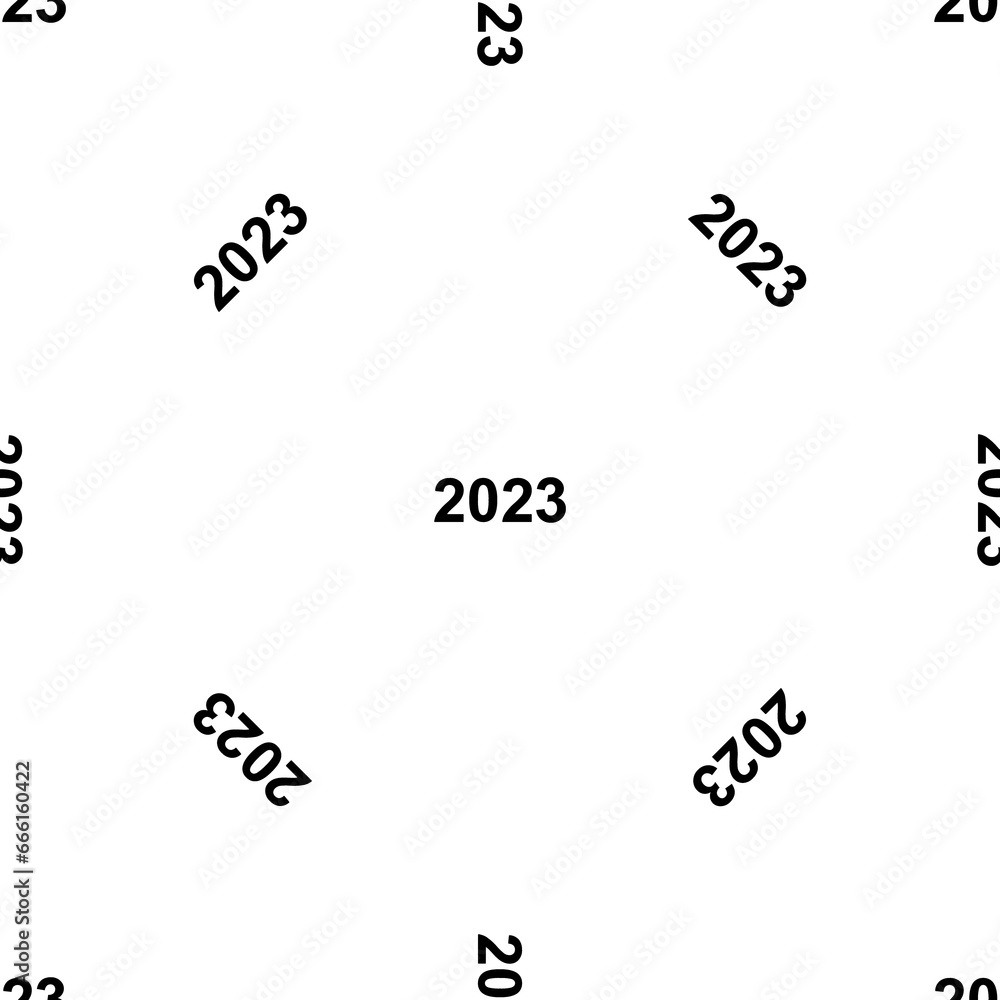 Poster seamless pattern of repeated black 2023 year symbols. elements are evenly spaced and some are rotate