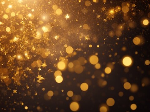 beautiful bokeh and falling stars on golden backdrop, abstract Christmas image with falling stars and bokeh, festive gold background with sparkling lights