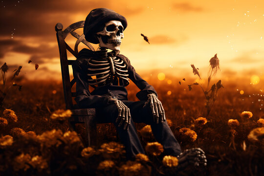 A creepy, horror, halloween old human skeleton sitting in a chair and resting in a flower garden at sunset time