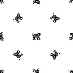 Seamless pattern of repeated black tiger symbols. Elements are evenly spaced and some are rotated. Vector illustration on white background