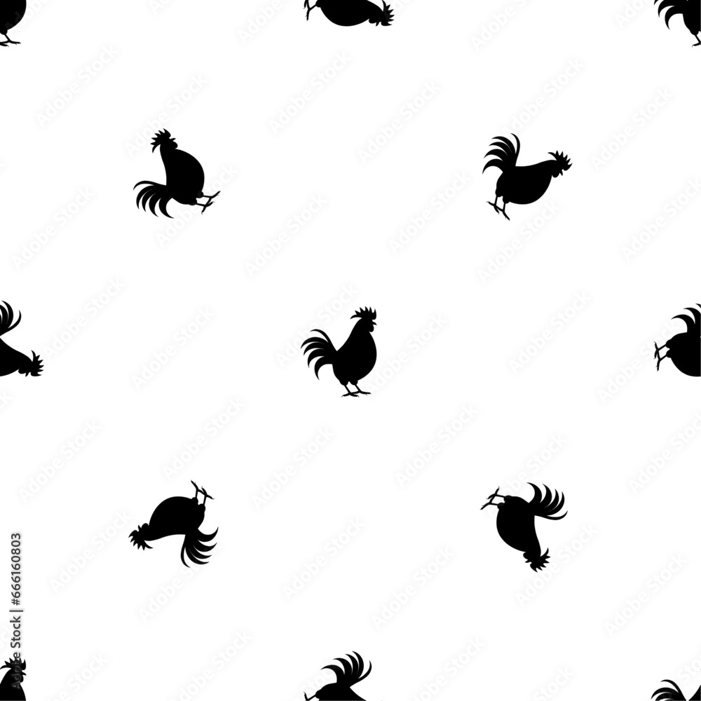 Poster Seamless pattern of repeated black rooster symbols. Elements are evenly spaced and some are rotated. Vector illustration on white background